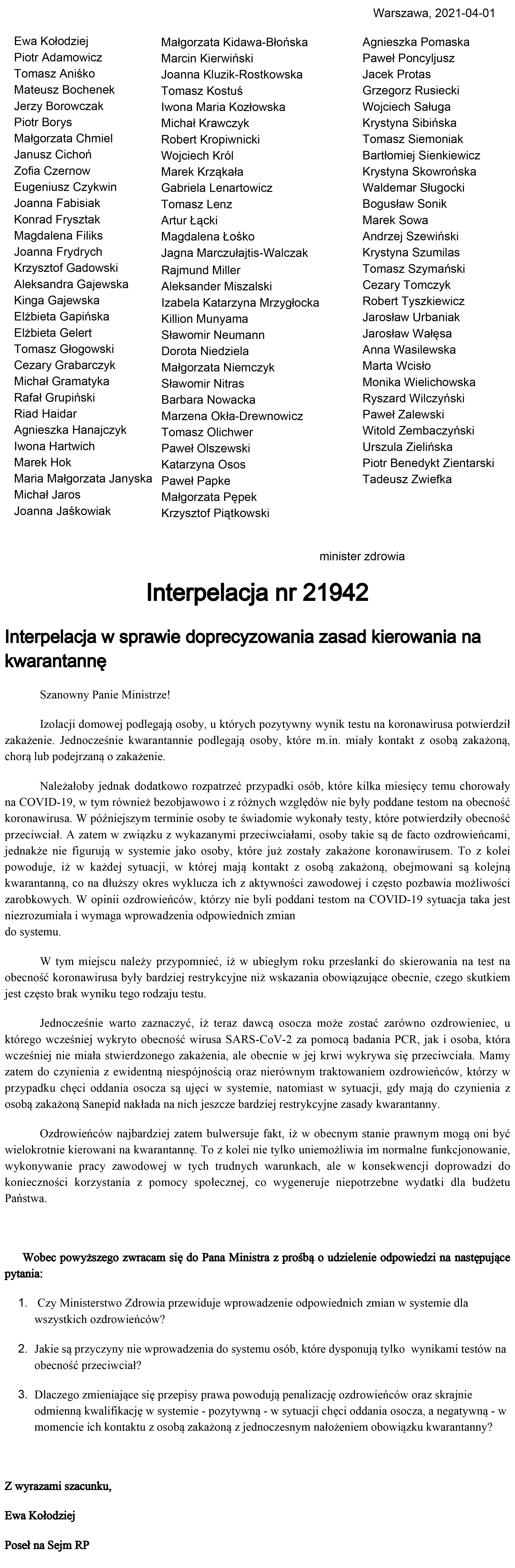 interpelacja nr 21942 do Ministra Zdrowia -Covid-19 - kwarantanna-1 kopia